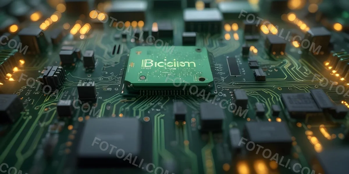 3d Model A Close Up Of A Green Computer Chip With The Word Bicism Written On It Circuit Board With Glowing Elements Bokeh Lights In The Background Figure Octane Render Volumetric Highly Detailed Videogame Aesthet 11 7ce8