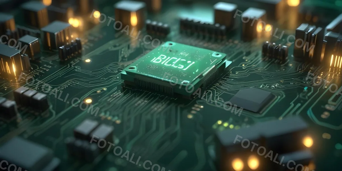 3d Model A Close Up Of A Green Computer Chip With The Word Bicism Written On It Circuit Board With Glowing Elements Bokeh Lights In The Background Figure Octane Render Volumetric Highly Detailed Videogame Aesthet 24 2abe