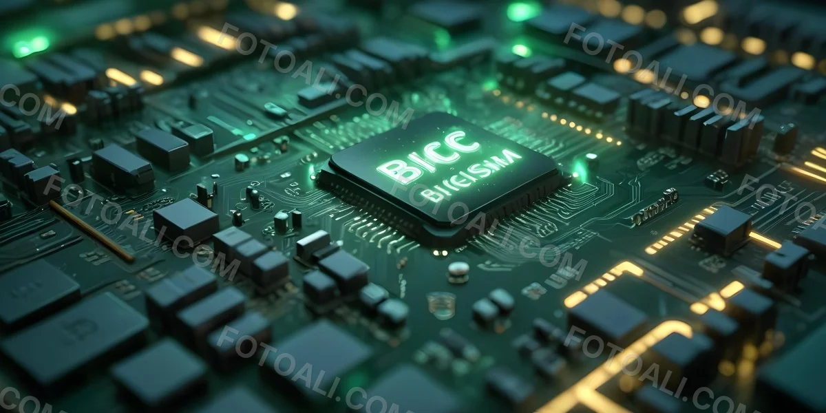 3d Model A Close Up Of A Green Computer Chip With The Word Bicism Written On It Circuit Board With Glowing Elements Bokeh Lights In The Background Figure Octane Render Volumetric Highly Detailed Videogame Aesthet 25 367e