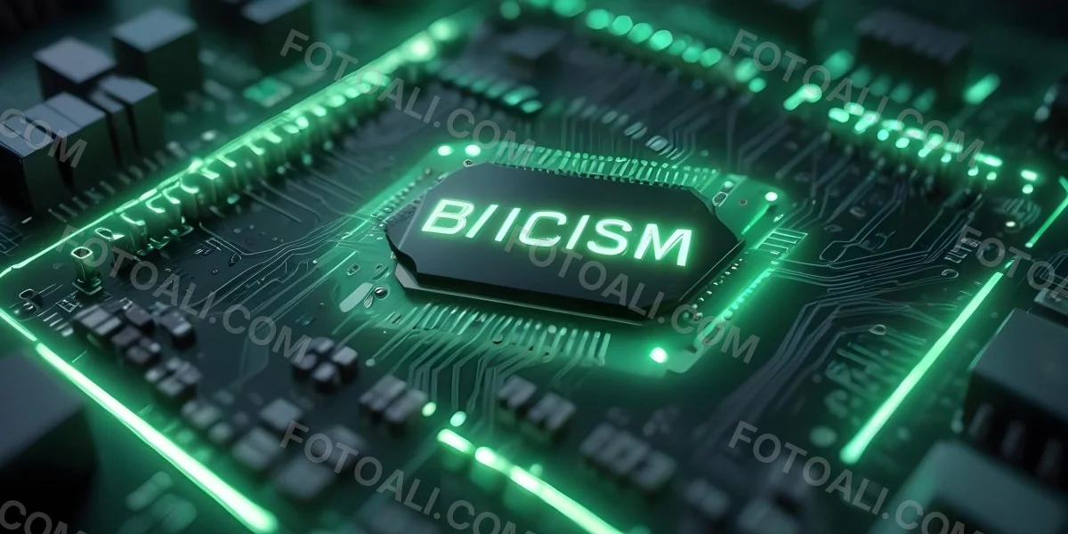 3d Model A Close Up Of A Green Computer Chip With The Word Bicism Written On It Circuit Board With Glowing Elements Bokeh Lights In The Background Figure Octane Render Volumetric Highly Detailed Videogame Aesthet 28 3cc0