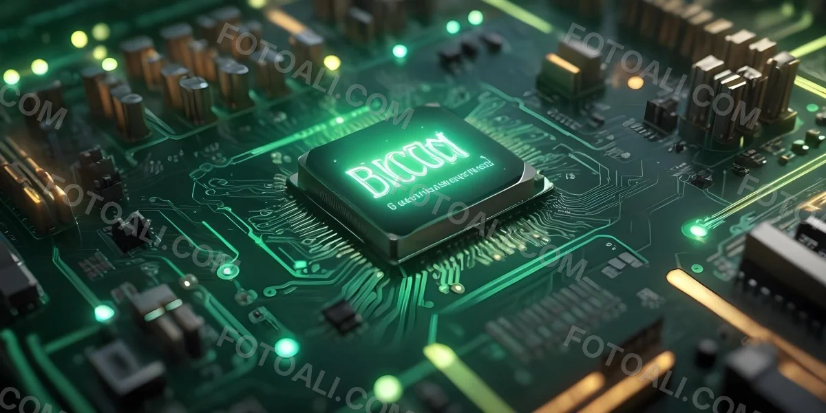 3d Model A Close Up Of A Green Computer Chip With The Word Bicism Written On It Circuit Board With Glowing Elements Bokeh Lights In The Background Figure Octane Render Volumetric Highly Detailed Videogame Aesthet 5 8188