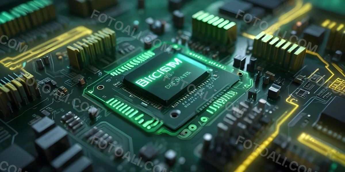 3d Model A Close Up Of A Green Computer Chip With The Word Bicism Written On It Circuit Board With Glowing Elements Bokeh Lights In The Background Figure Octane Render Volumetric Highly Detailed Videogame Aesthet 6 5fd5