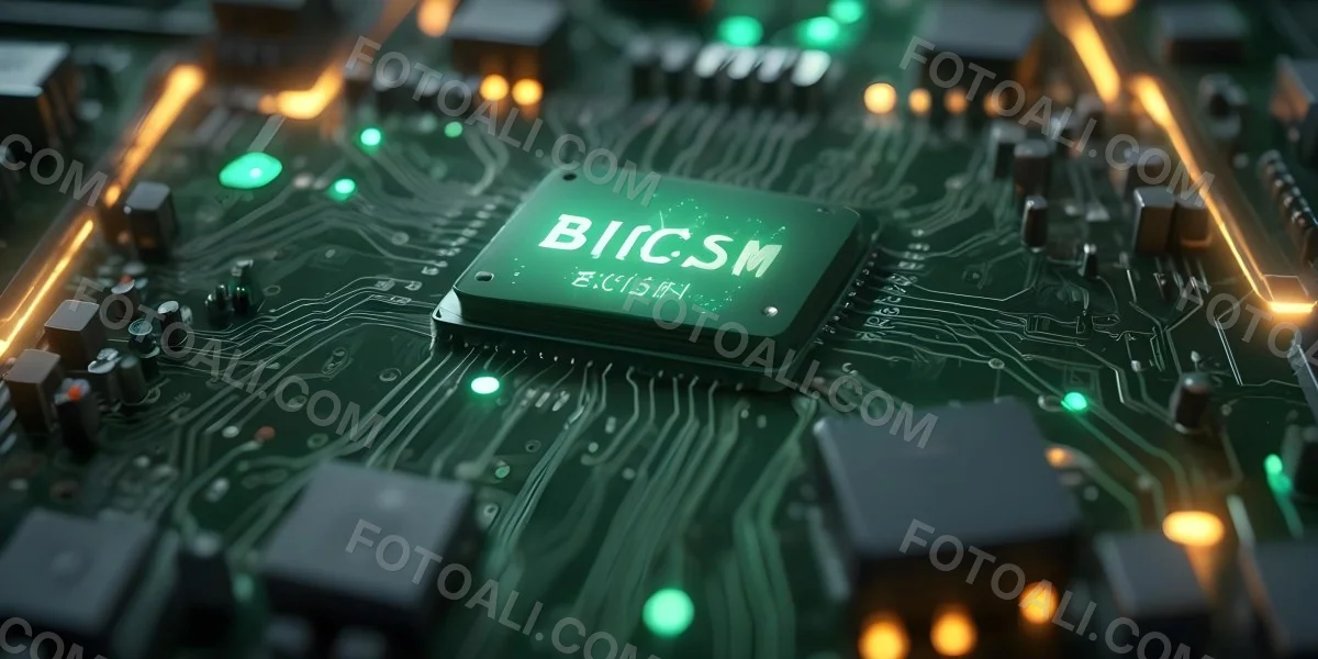 3d Model A Close Up Of A Green Computer Chip With The Word Bicism Written On It Circuit Board With Glowing Elements Bokeh Lights In The Background Figure Octane Render Volumetric Highly Detailed Videogame Aesthet 8 8278