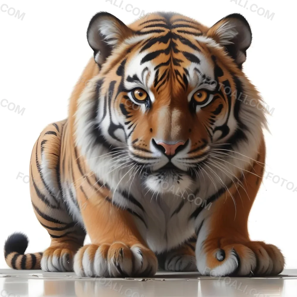3d Model A Close Up Of A Tiger In A Crouching Position Showcasing Its Orange And Black Striped Fur Sharp Eyes And Powerful Build The Background Is Plain White Emphasizing The Tiger S Features And Stance Figure Oc 21 Fa72