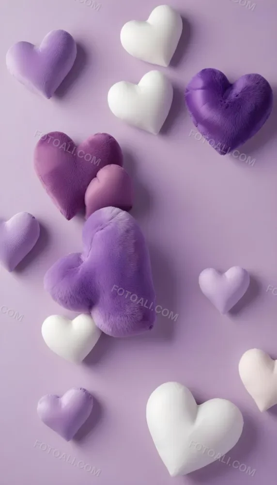 3d Model A Close Up View Of Several Heart Shaped Objects In Various Shades Of Purple And White The Objects Appear To Be Made Of A Soft Plush Material And Are Arranged In A Decorative Manner Against A Plain Light P 11 B6b3