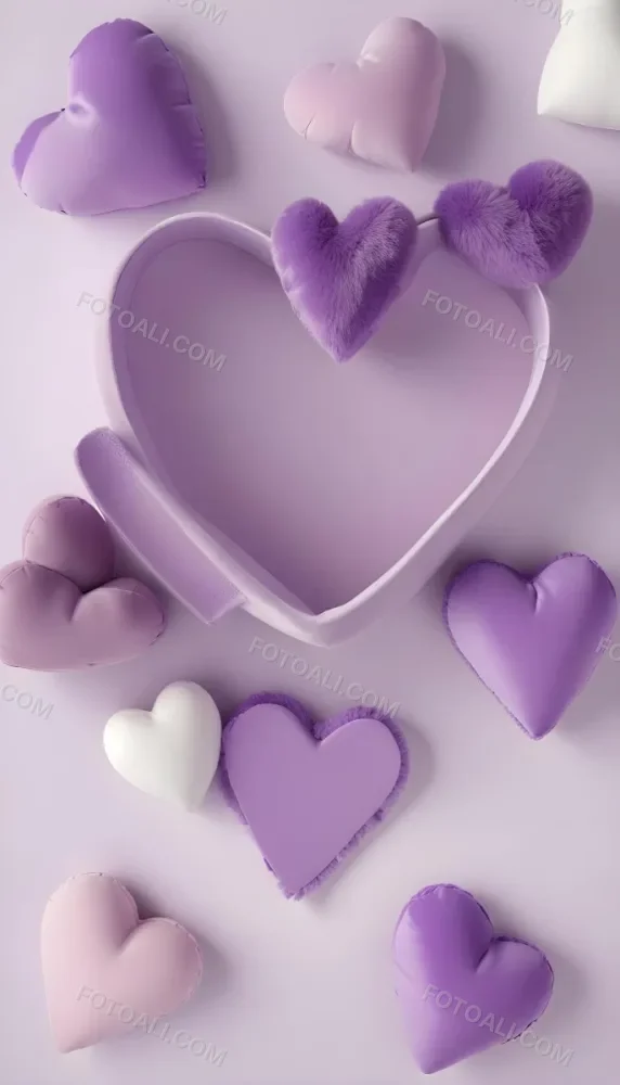3d Model A Close Up View Of Several Heart Shaped Objects In Various Shades Of Purple And White The Objects Appear To Be Made Of A Soft Plush Material And Are Arranged In A Decorative Manner Against A Plain Light P 12 328f