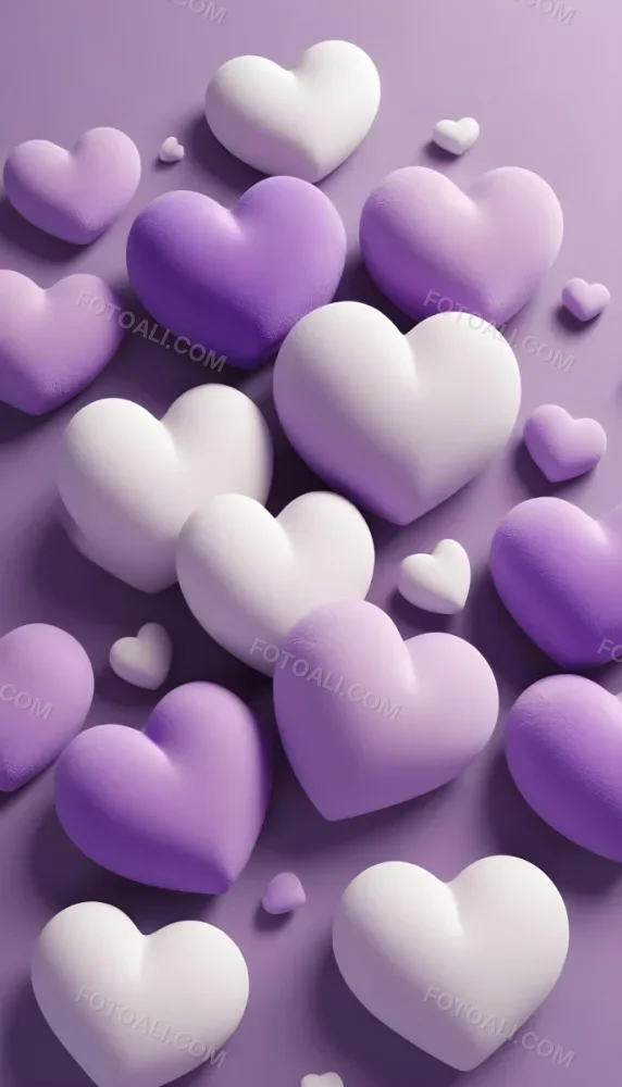 3d Model A Close Up View Of Several Heart Shaped Objects In Various Shades Of Purple And White The Objects Appear To Be Made Of A Soft Plush Material And Are Arranged In A Decorative Manner Against A Plain Light P 19 A77c