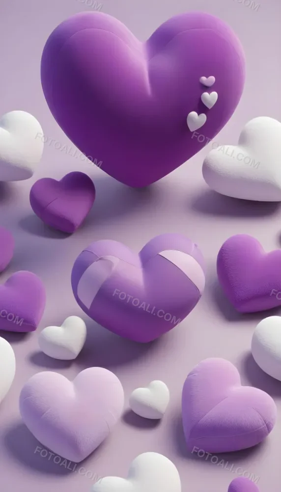 3d Model A Close Up View Of Several Heart Shaped Objects In Various Shades Of Purple And White The Objects Appear To Be Made Of A Soft Plush Material And Are Arranged In A Decorative Manner Against A Plain Light P 20 Ec72