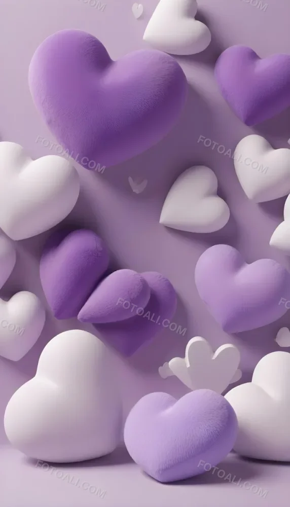 3d Model A Close Up View Of Several Heart Shaped Objects In Various Shades Of Purple And White The Objects Appear To Be Made Of A Soft Plush Material And Are Arranged In A Decorative Manner Against A Plain Light P 35 7808