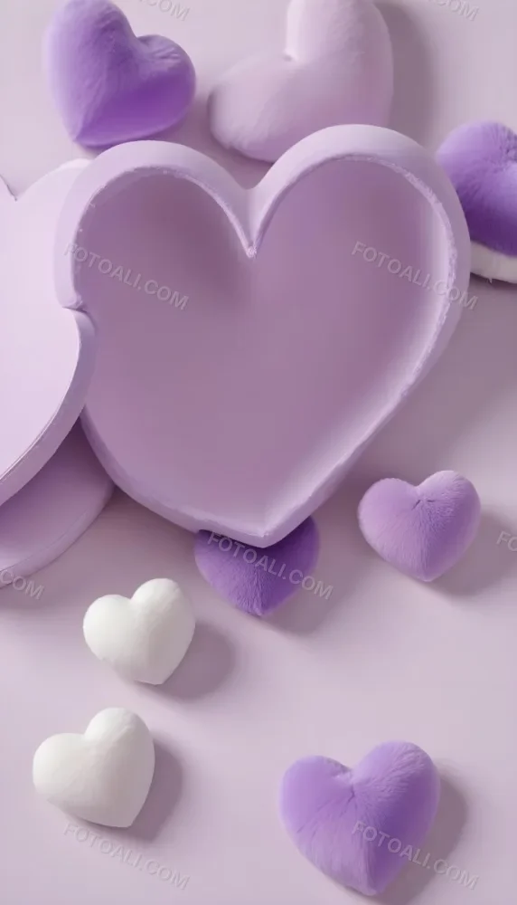 3d Model A Close Up View Of Several Heart Shaped Objects In Various Shades Of Purple And White The Objects Appear To Be Made Of A Soft Plush Material And Are Arranged In A Decorative Manner Against A Plain Light P 4 612f