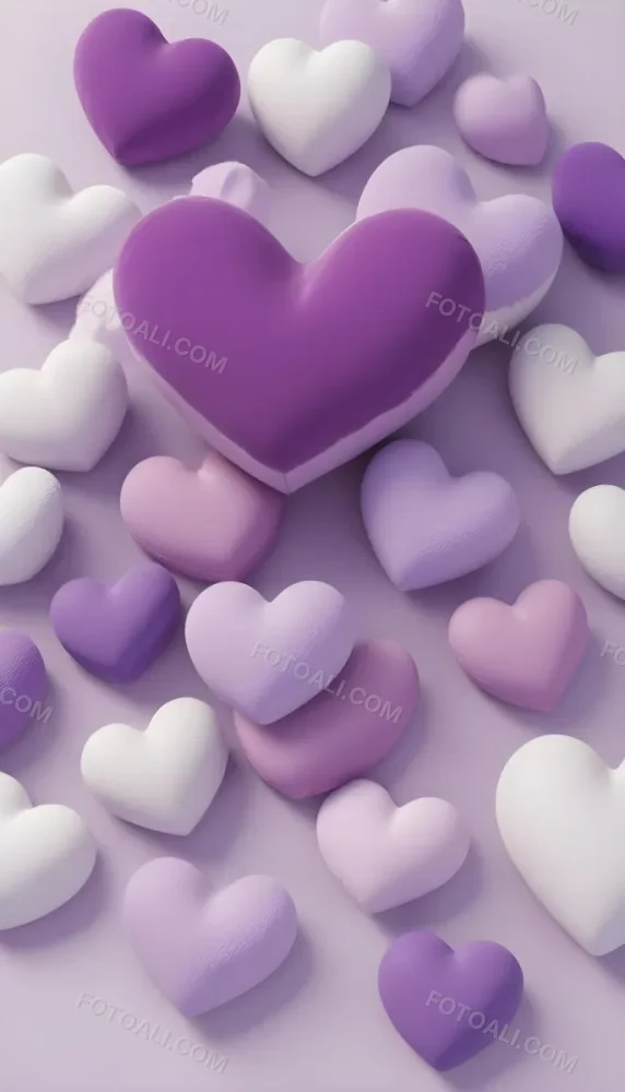 3d Model A Close Up View Of Several Heart Shaped Objects In Various Shades Of Purple And White The Objects Appear To Be Made Of A Soft Plush Material And Are Arranged In A Decorative Manner Against A Plain Light P 48 0509