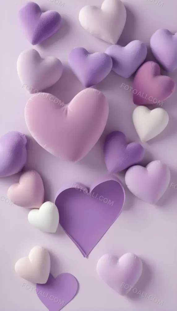 3d Model A Close Up View Of Several Heart Shaped Objects In Various Shades Of Purple And White The Objects Appear To Be Made Of A Soft Plush Material And Are Arranged In A Decorative Manner Against A Plain Light P 5 89f6