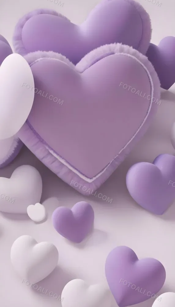3d Model A Close Up View Of Several Heart Shaped Objects In Various Shades Of Purple And White The Objects Appear To Be Made Of A Soft Plush Material And Are Arranged In A Decorative Manner Against A Plain Light P 56 F510