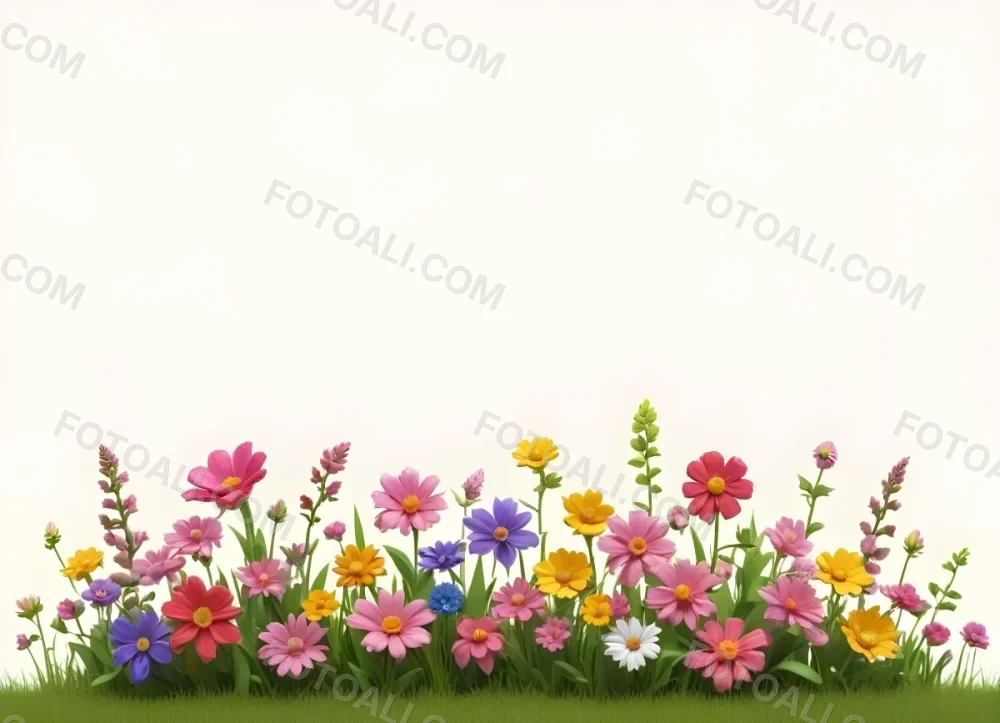 3d Model A Colorful Border Of Various Flowers Including Pink Blooms Set Against A Yellow Background With Green Grass At The Bottom Figure Octane Render Volumetric Highly Detailed Videogame Aesthetic 1 8f92