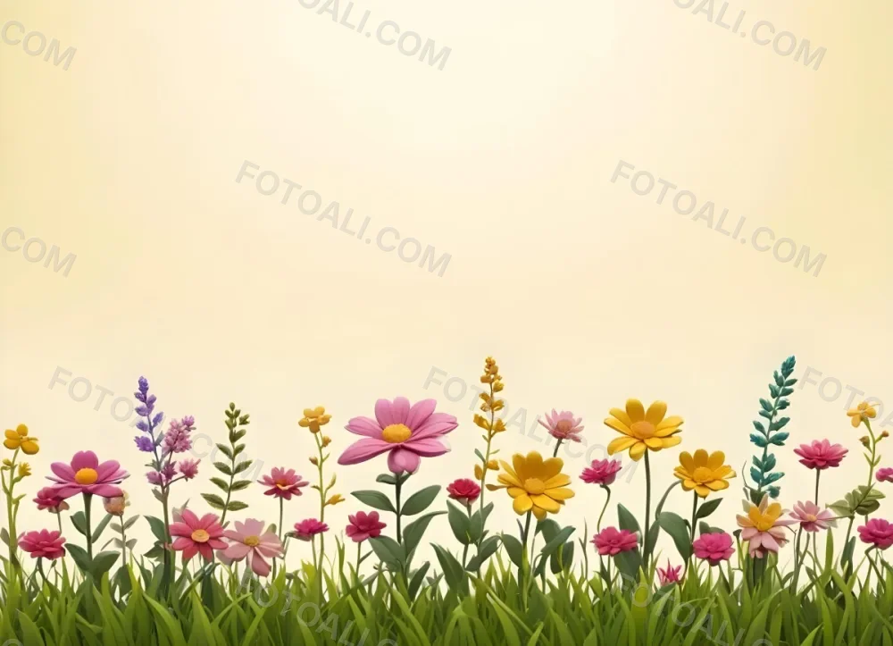3d Model A Colorful Border Of Various Flowers Including Pink Blooms Set Against A Yellow Background With Green Grass At The Bottom Figure Octane Render Volumetric Highly Detailed Videogame Aesthetic 10 5f10