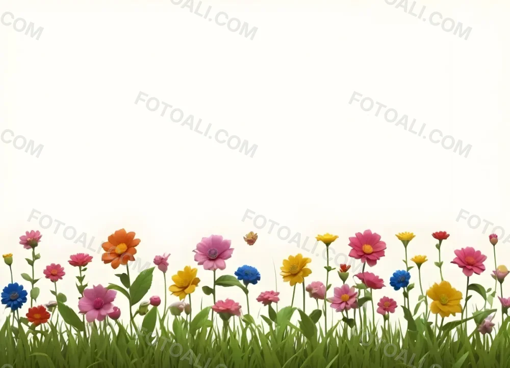 3d Model A Colorful Border Of Various Flowers Including Pink Blooms Set Against A Yellow Background With Green Grass At The Bottom Figure Octane Render Volumetric Highly Detailed Videogame Aesthetic 14 Ca6c