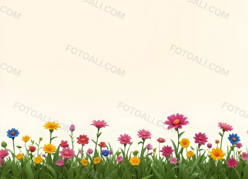 3d Model A Colorful Border Of Various Flowers Including Pink Blooms Set Against A Yellow Background With Green Grass At The Bottom Figure Octane Render Volumetric Highly Detailed Videogame Aesthetic 29 6933