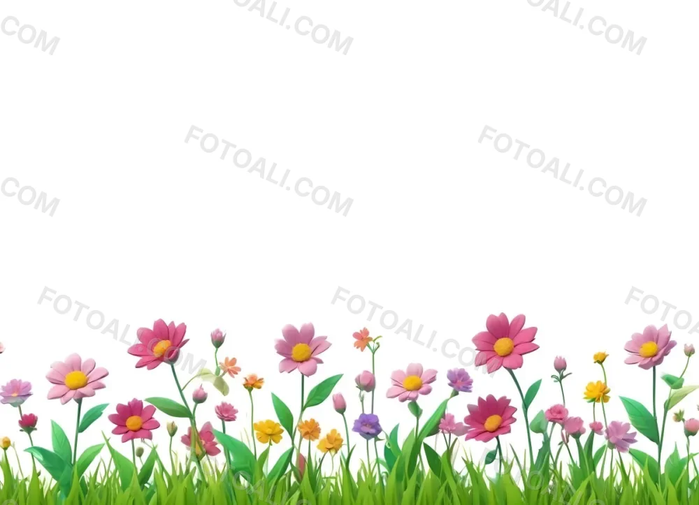 3d Model A Colorful Border Of Various Flowers Including Pink Blooms Set Against A Yellow Background With Green Grass At The Bottom Figure Octane Render Volumetric Highly Detailed Videogame Aesthetic 31 E9f2