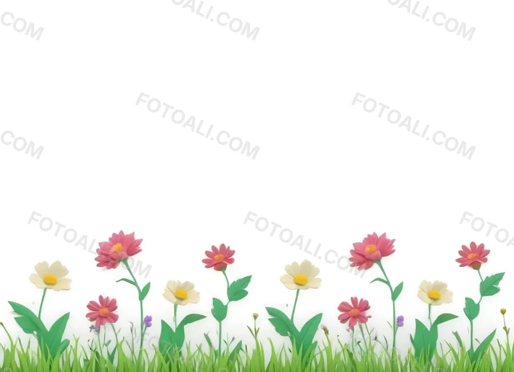 3d Model A Colorful Border Of Various Flowers Including Pink Blooms Set Against A Yellow Background With Green Grass At The Bottom Figure Octane Render Volumetric Highly Detailed Videogame Aesthetic 33 73d1