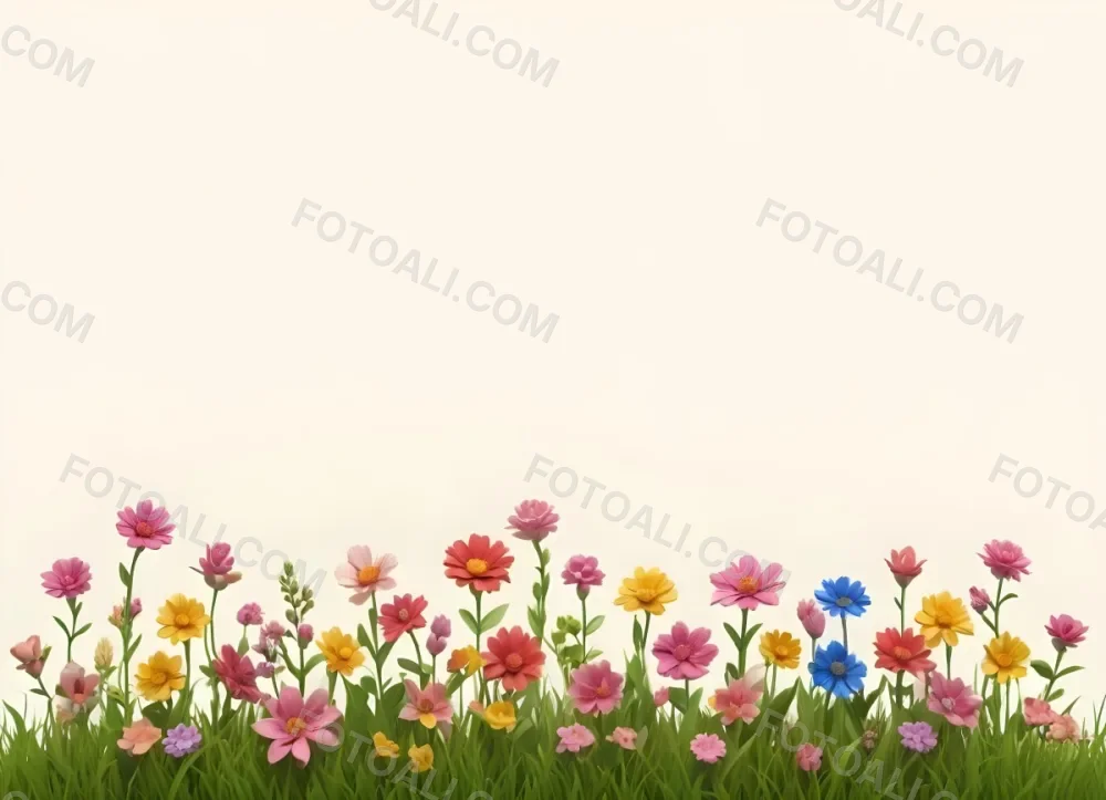 3d Model A Colorful Border Of Various Flowers Including Pink Blooms Set Against A Yellow Background With Green Grass At The Bottom Figure Octane Render Volumetric Highly Detailed Videogame Aesthetic 4 280a