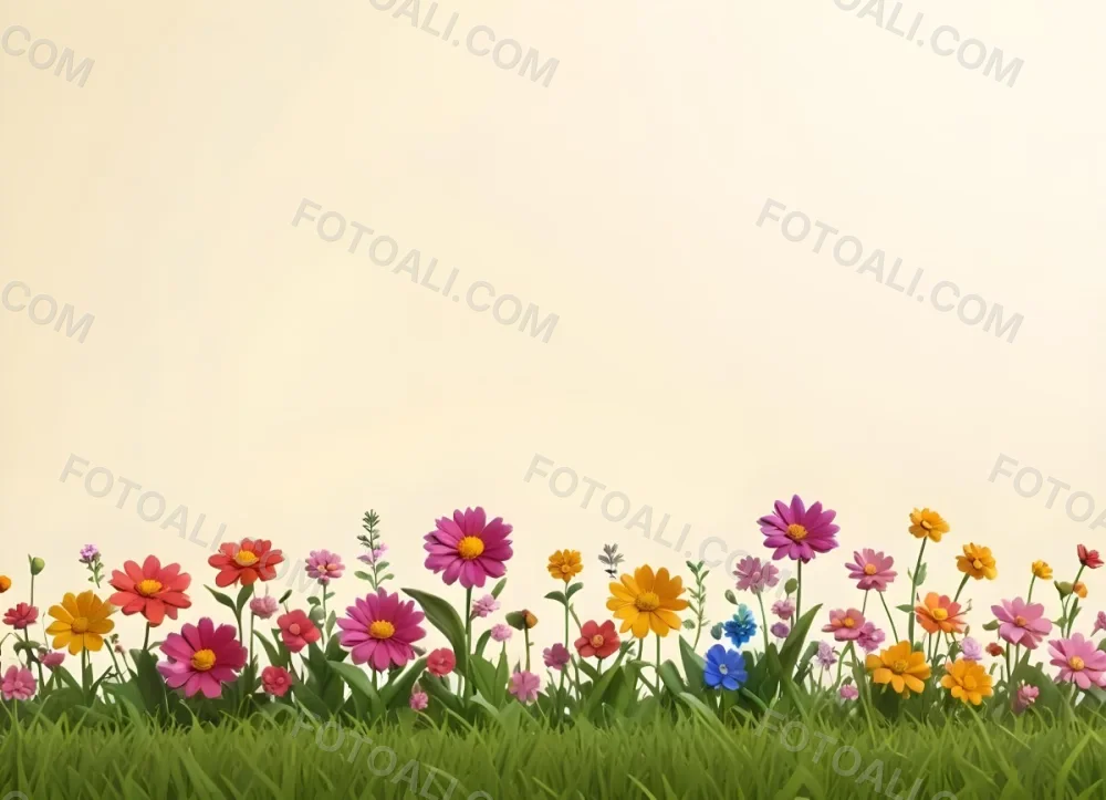 3d Model A Colorful Border Of Various Flowers Including Pink Blooms Set Against A Yellow Background With Green Grass At The Bottom Figure Octane Render Volumetric Highly Detailed Videogame Aesthetic 5 129a