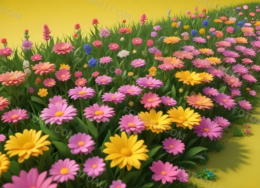 3d Model A Colorful Border Of Various Flowers Including Pink Blooms Set Against A Yellow Background With Green Grass At The Bottom Figure Octane Render Volumetric Highly Detailed Videogame Aesthetic 6 D27a