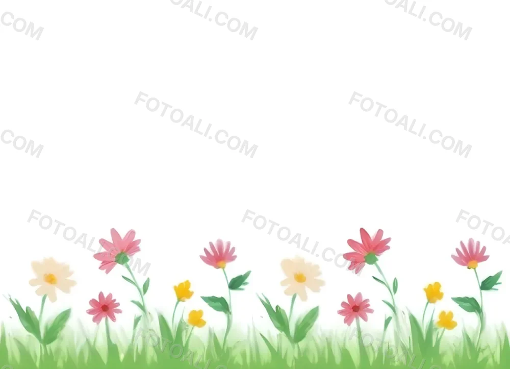 3d Model A Colorful Border Of Various Flowers Including Pink Blooms Set Against A Yellow Background With Green Grass At The Bottom Figure Octane Render Volumetric Highly Detailed Videogame Aesthetic 7 E637