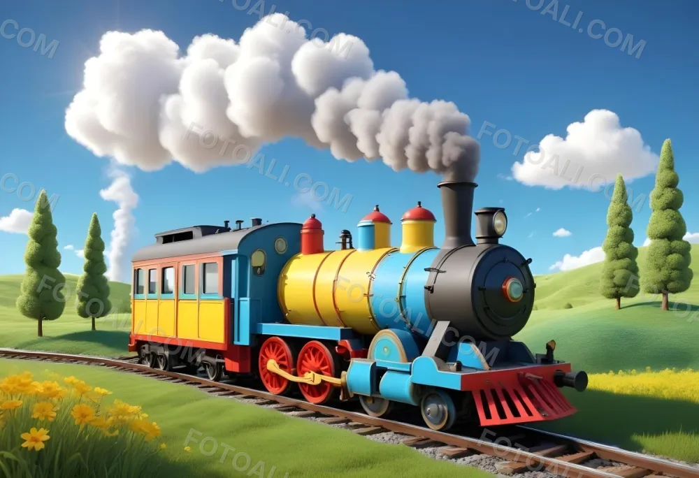 3d Model A Colorful Cartoon Train With Smoke Coming From Its Chimney Positioned On The Left Side Of The Image The Background Features A Bright Blue Sky With Fluffy White Clouds And A Yellow Sun In The Upper Right Corne 12 8683