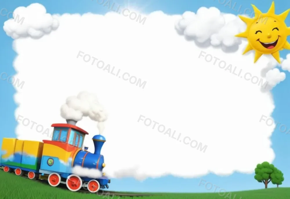 3d Model A Colorful Cartoon Train With Smoke Coming From Its Chimney Positioned On The Left Side Of The Image The Background Features A Bright Blue Sky With Fluffy White Clouds And A Yellow Sun In The Upper Right Corne 13 E8c4