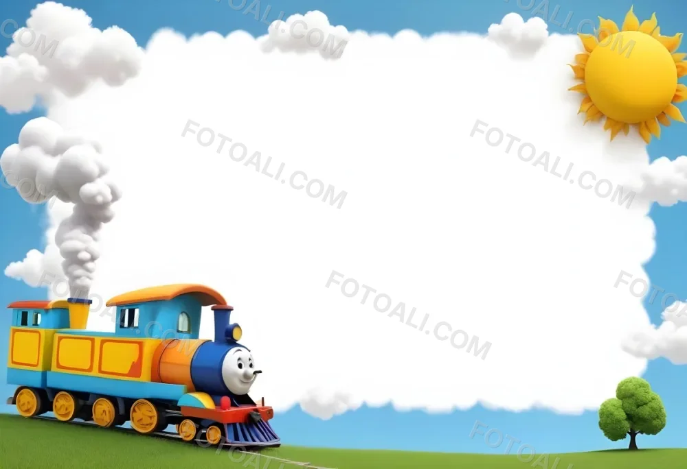 3d Model A Colorful Cartoon Train With Smoke Coming From Its Chimney Positioned On The Left Side Of The Image The Background Features A Bright Blue Sky With Fluffy White Clouds And A Yellow Sun In The Upper Right Corne 24 Dda9