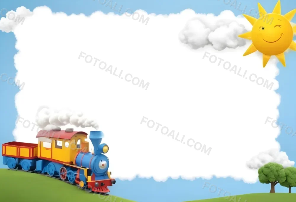 3d Model A Colorful Cartoon Train With Smoke Coming From Its Chimney Positioned On The Left Side Of The Image The Background Features A Bright Blue Sky With Fluffy White Clouds And A Yellow Sun In The Upper Right Corne 29 09c0