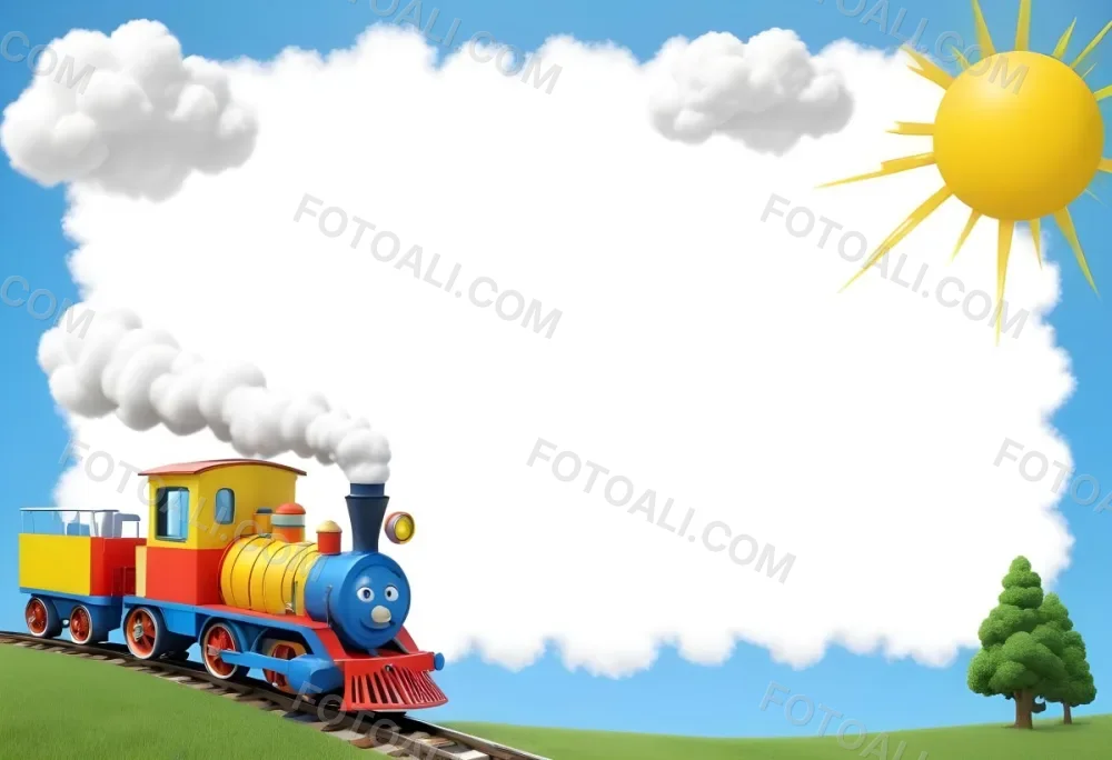 3d Model A Colorful Cartoon Train With Smoke Coming From Its Chimney Positioned On The Left Side Of The Image The Background Features A Bright Blue Sky With Fluffy White Clouds And A Yellow Sun In The Upper Right Corne 30 6cf7