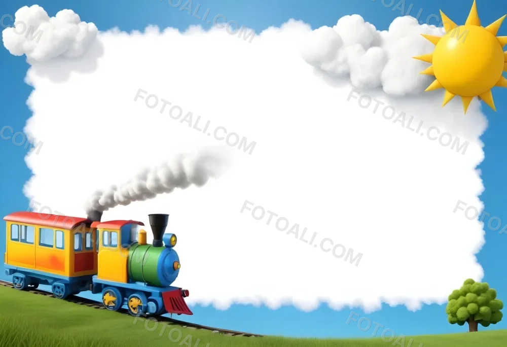 3d Model A Colorful Cartoon Train With Smoke Coming From Its Chimney Positioned On The Left Side Of The Image The Background Features A Bright Blue Sky With Fluffy White Clouds And A Yellow Sun In The Upper Right Corne 31 9714