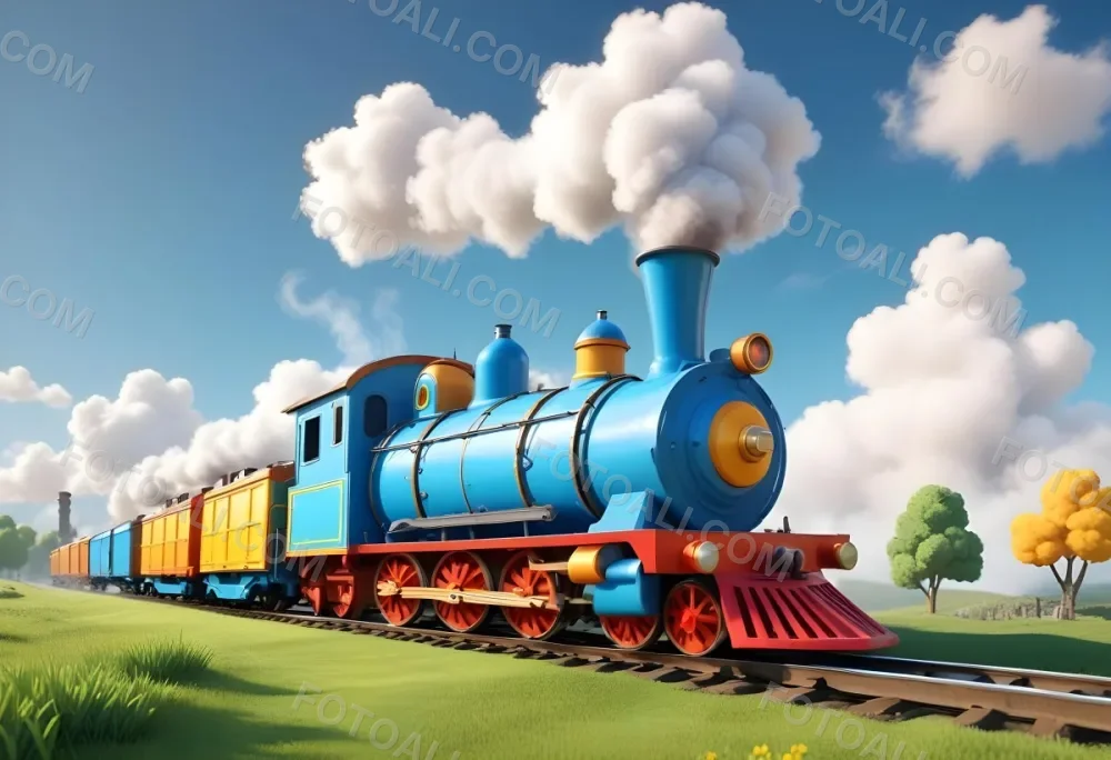 3d Model A Colorful Cartoon Train With Smoke Coming From Its Chimney Positioned On The Left Side Of The Image The Background Features A Bright Blue Sky With Fluffy White Clouds And A Yellow Sun In The Upper Right Corne 34 2a61