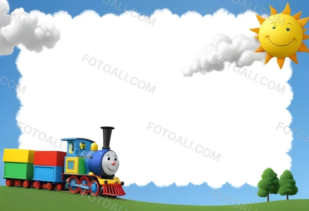 3d Model A Colorful Cartoon Train With Smoke Coming From Its Chimney Positioned On The Left Side Of The Image The Background Features A Bright Blue Sky With Fluffy White Clouds And A Yellow Sun In The Upper Right Corne 9 23b3