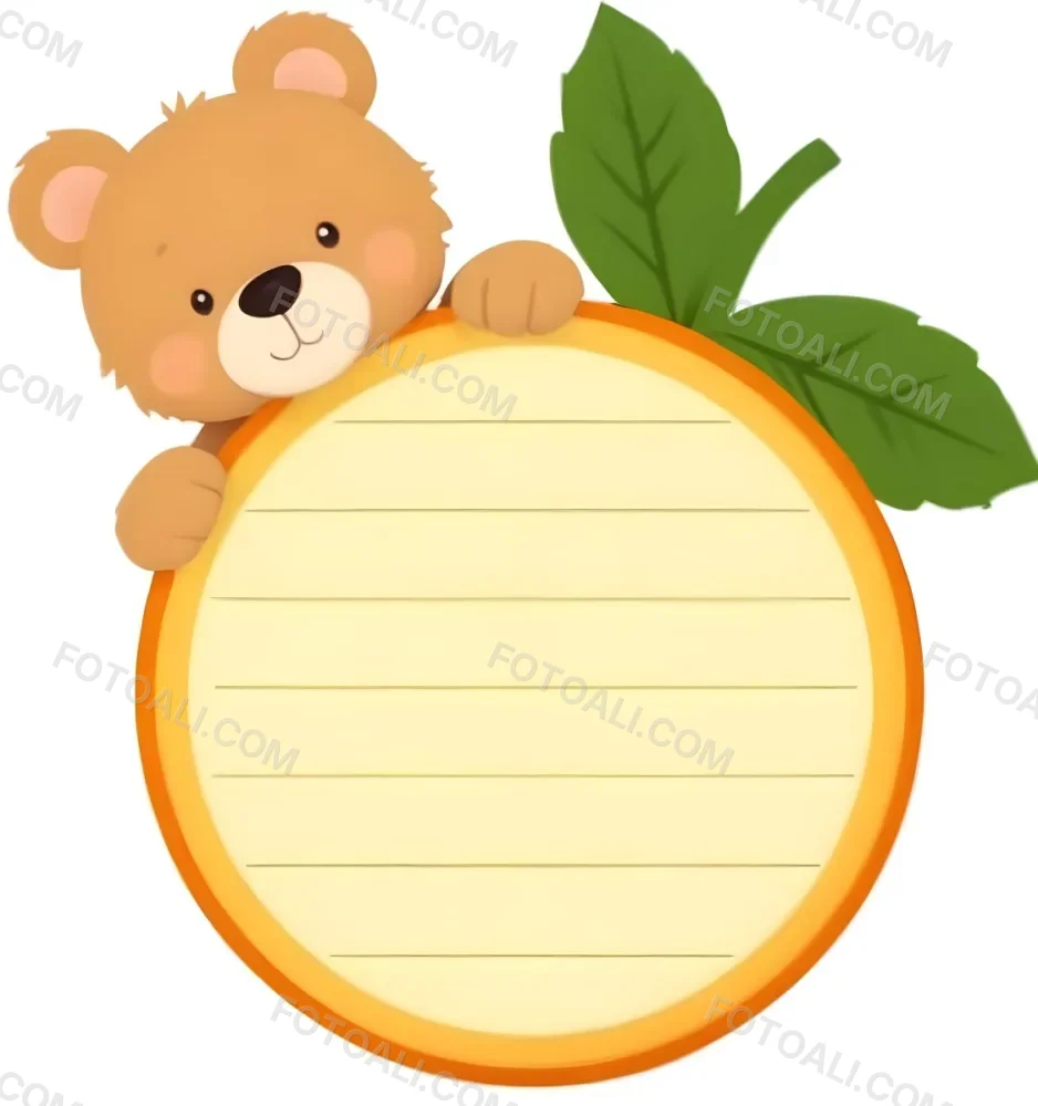 3d Model A Cute Cartoon Bear With A Light Brown Color And A Smiling Face Is Peeking Over The Top Of An Orange Circular Frame The Frame Has A Textured Orange Peel Appearance And Features Green Leaves On The Right Side T 11 C001