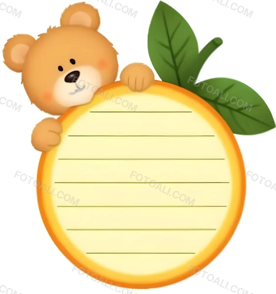 3d Model A Cute Cartoon Bear With A Light Brown Color And A Smiling Face Is Peeking Over The Top Of An Orange Circular Frame The Frame Has A Textured Orange Peel Appearance And Features Green Leaves On The Right Side T 33 407d