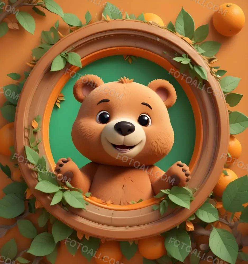 3d Model A Cute Cartoon Bear With A Light Brown Color And A Smiling Face Is Peeking Over The Top Of An Orange Circular Frame The Frame Has A Textured Orange Peel Appearance And Features Green Leaves On The Right Side T 39 2788