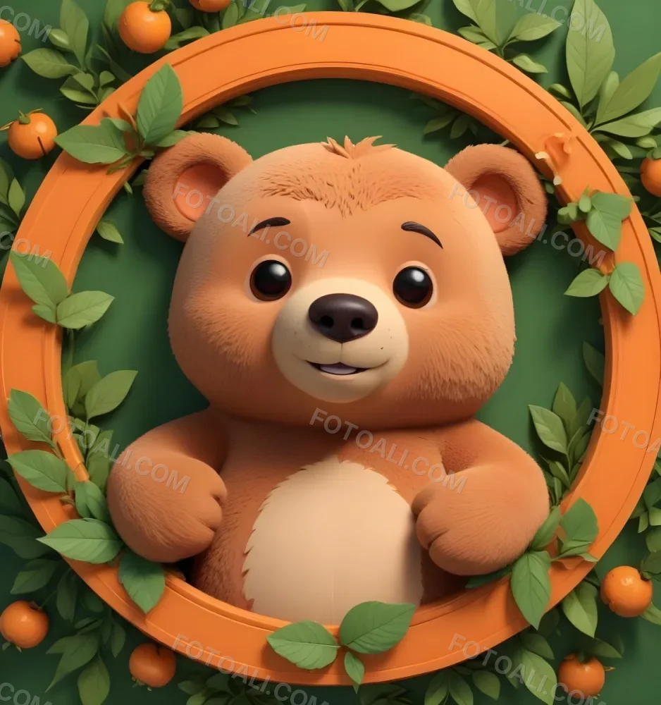 3d Model A Cute Cartoon Bear With A Light Brown Color And A Smiling Face Is Peeking Over The Top Of An Orange Circular Frame The Frame Has A Textured Orange Peel Appearance And Features Green Leaves On The Right Side T 44 D008