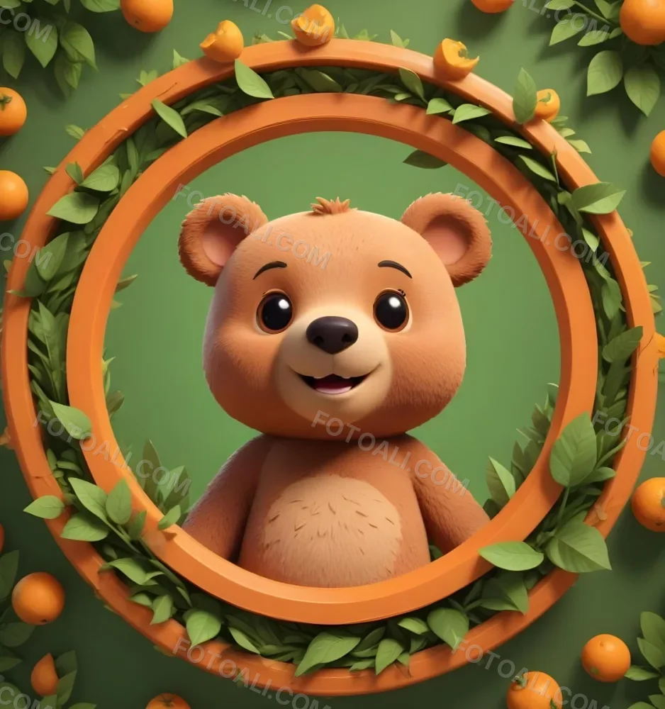 3d Model A Cute Cartoon Bear With A Light Brown Color And A Smiling Face Is Peeking Over The Top Of An Orange Circular Frame The Frame Has A Textured Orange Peel Appearance And Features Green Leaves On The Right Side T 47 Db65