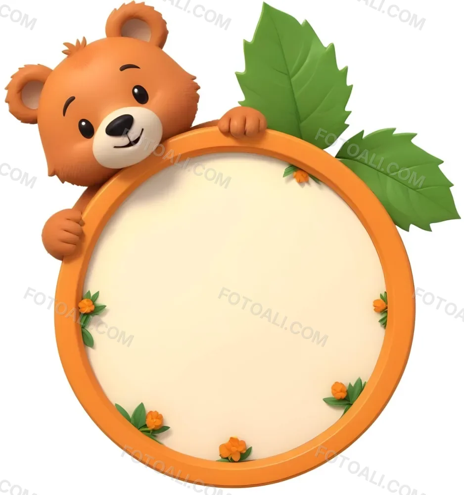 3d Model A Cute Cartoon Bear With A Light Brown Color And A Smiling Face Is Peeking Over The Top Of An Orange Circular Frame The Frame Has A Textured Orange Peel Appearance And Features Green Leaves On The Right Side T 48 8cbf