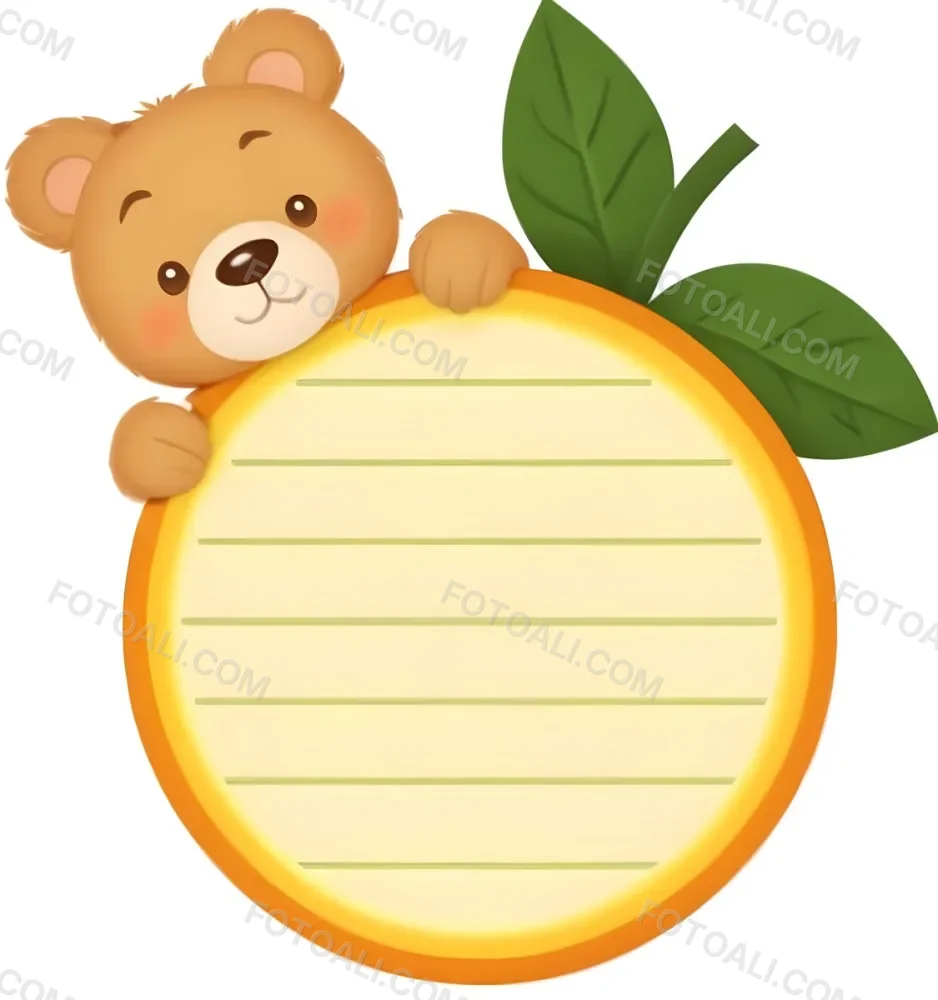 3d Model A Cute Cartoon Bear With A Light Brown Color And A Smiling Face Is Peeking Over The Top Of An Orange Circular Frame The Frame Has A Textured Orange Peel Appearance And Features Green Leaves On The Right Side T 5 55be