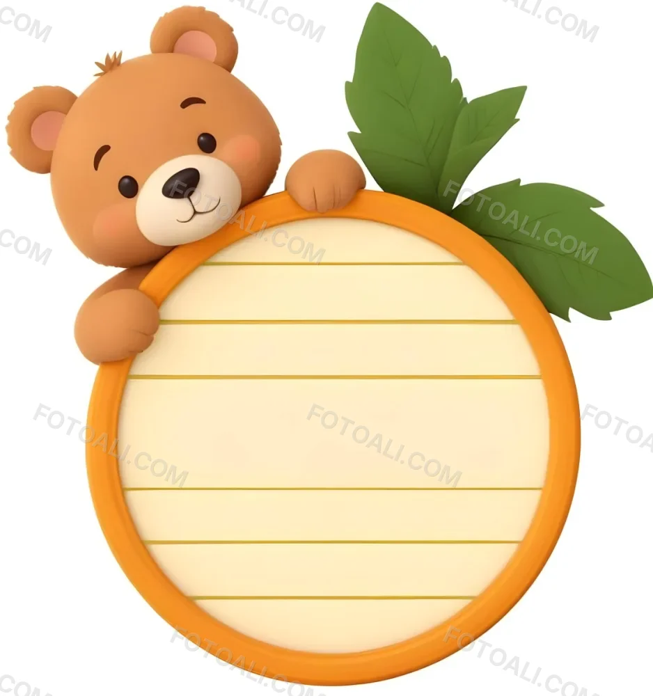 3d Model A Cute Cartoon Bear With A Light Brown Color And A Smiling Face Is Peeking Over The Top Of An Orange Circular Frame The Frame Has A Textured Orange Peel Appearance And Features Green Leaves On The Right Side T 7 E89f
