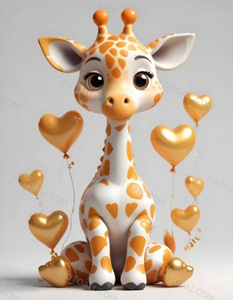 3d Model A Cute Giraffe With Big Eyes White And Orange Skin Golden Heart Balloons Around It Sitting On The Floor White Background Figure Octane Render Volumetric Highly Detailed Videogame Aesthetic 3 Cbaf