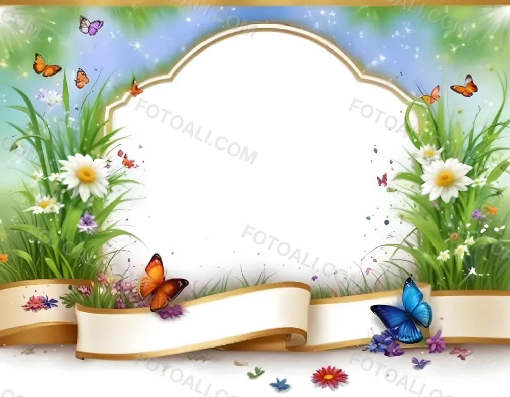3d Model A Decorative Border Featuring Vibrant Green Grass And Colorful Flowers With Two Butterflies Resting On The Ground The Background Is A Light Blue Sky With Sparkles And There Is A Blank White Space In The Cen 13 D5ee