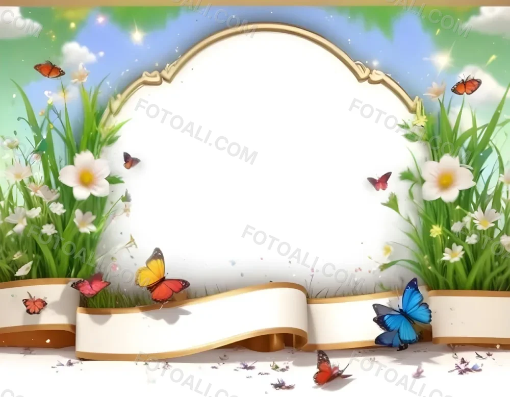 3d Model A Decorative Border Featuring Vibrant Green Grass And Colorful Flowers With Two Butterflies Resting On The Ground The Background Is A Light Blue Sky With Sparkles And There Is A Blank White Space In The Cen 23 C198
