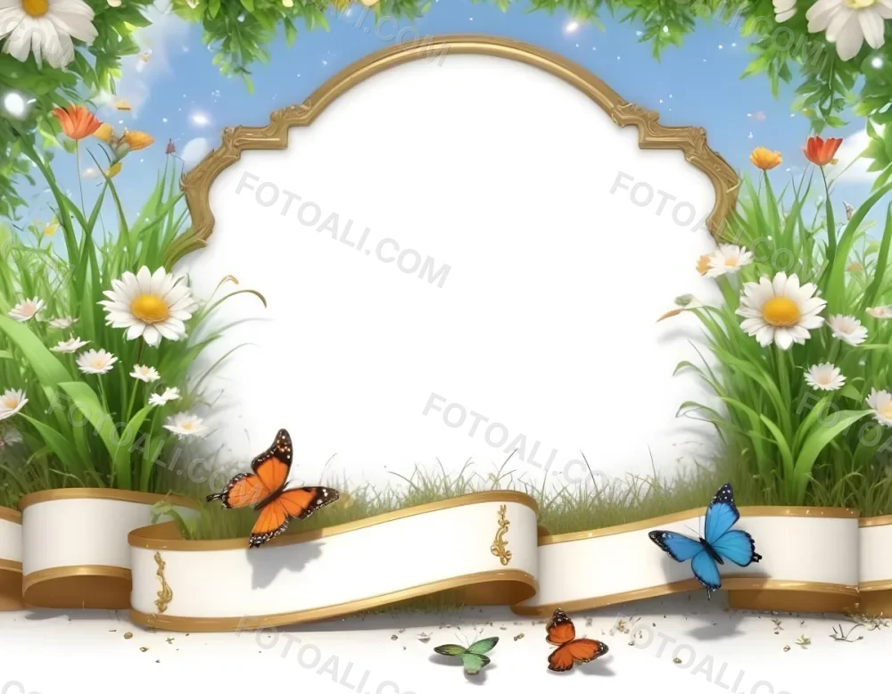3d Model A Decorative Border Featuring Vibrant Green Grass And Colorful Flowers With Two Butterflies Resting On The Ground The Background Is A Light Blue Sky With Sparkles And There Is A Blank White Space In The Cen 27 35de