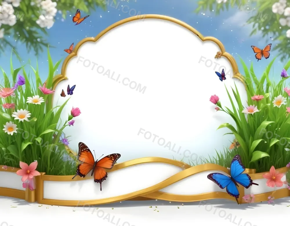 3d Model A Decorative Border Featuring Vibrant Green Grass And Colorful Flowers With Two Butterflies Resting On The Ground The Background Is A Light Blue Sky With Sparkles And There Is A Blank White Space In The Cen 36 5050