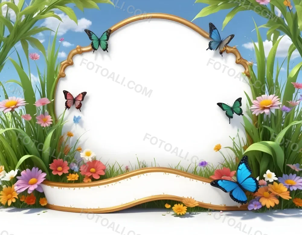 3d Model A Decorative Border Featuring Vibrant Green Grass And Colorful Flowers With Two Butterflies Resting On The Ground The Background Is A Light Blue Sky With Sparkles And There Is A Blank White Space In The Cen 38 2ff4