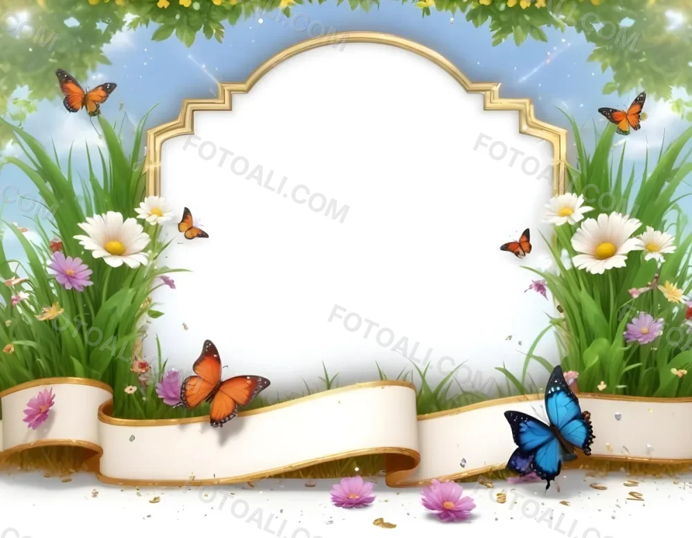 3d Model A Decorative Border Featuring Vibrant Green Grass And Colorful Flowers With Two Butterflies Resting On The Ground The Background Is A Light Blue Sky With Sparkles And There Is A Blank White Space In The Cen 44 62cd